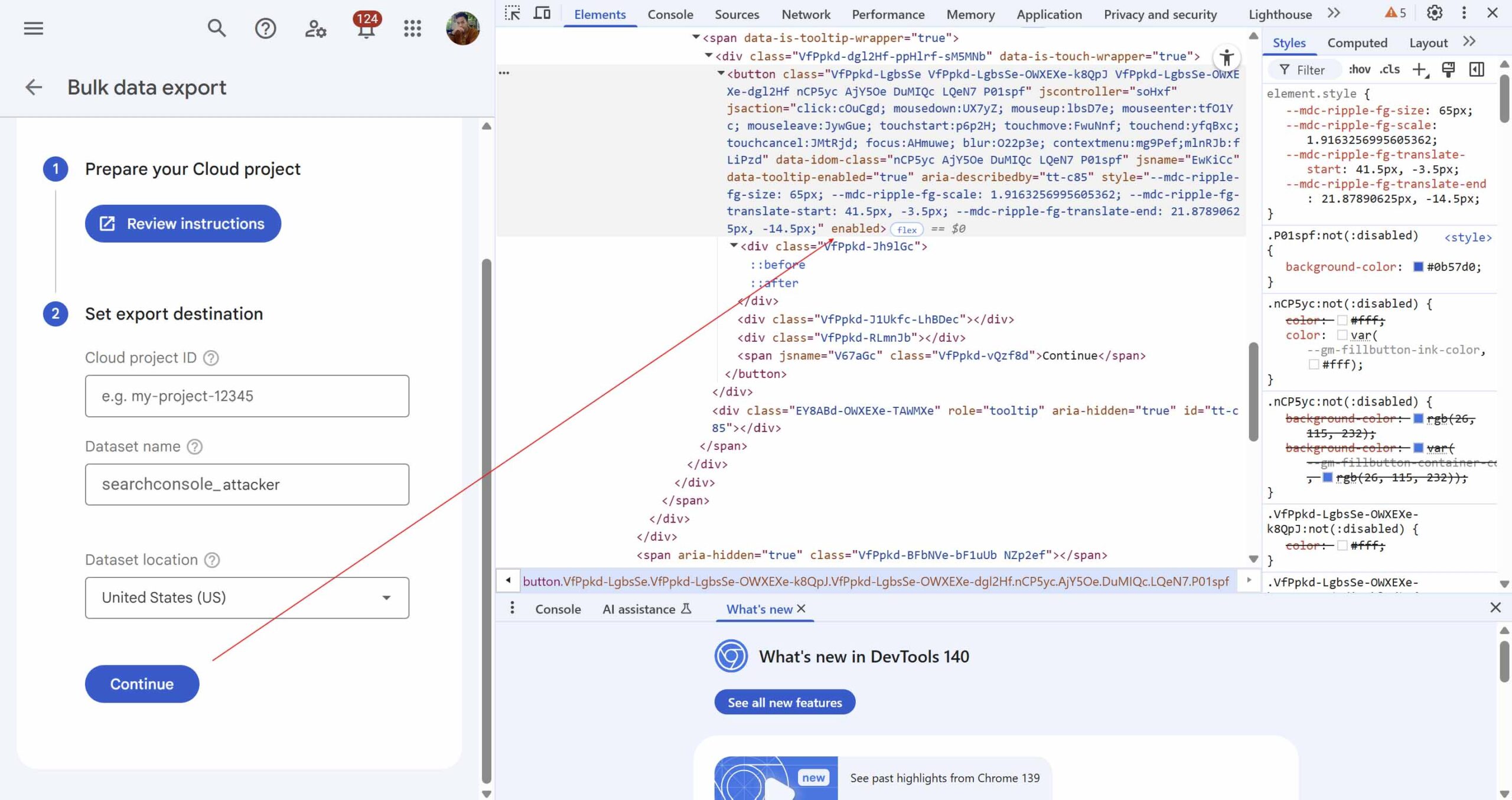 Data export interface with code snippet.