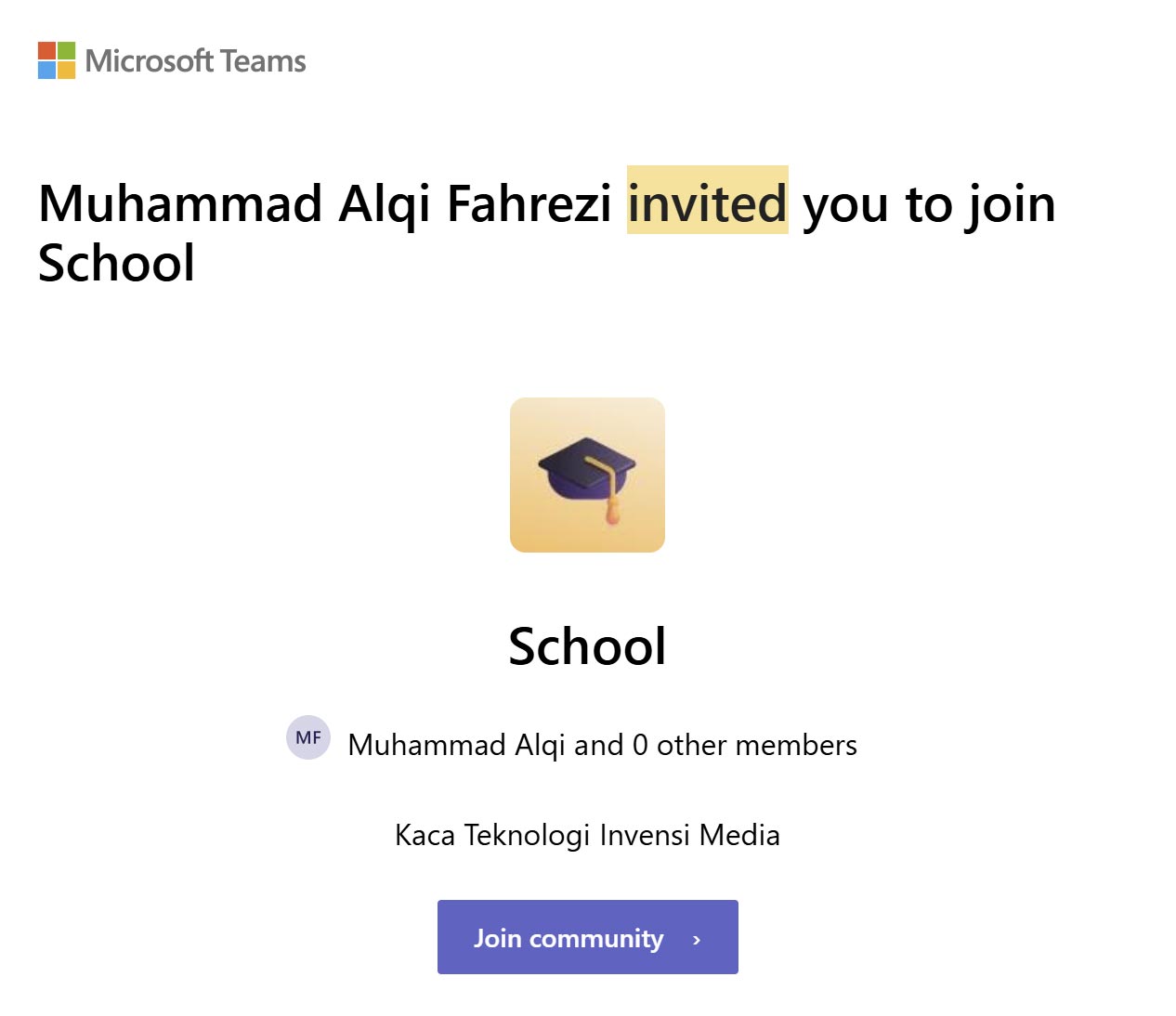 Community invitation link via email in Microsoft Teams