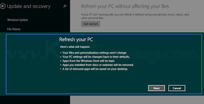 Cara install ulang Windows tanpa menghapus atau kehilangan data-data penting dan tidak perlu backup. Hal ini bisa dilakukan karena Microsoft sudah menyediakan fitur yang namanya "Refresh your PC without affecting your files". Pada fitur ini kita bisa melakukan install ulang tanpa menghapus data-data penting. Seperti, projek kerja, dokumen, musik, video dan masih banyak lagi.