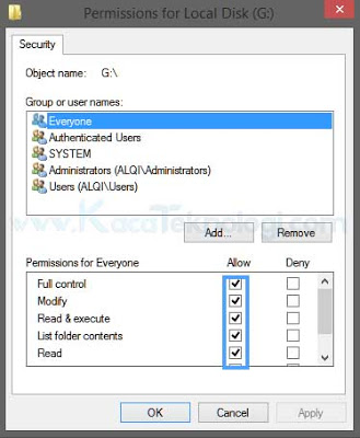 mengganti permissions folder dan drive