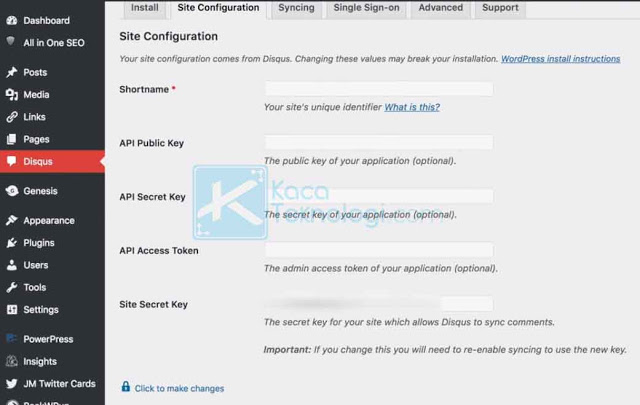 Masuk kembali ke dasbor WordPress → Disqus → Site Configuration → Click to make changes → paste Shortname di kolom Shortname → Save.