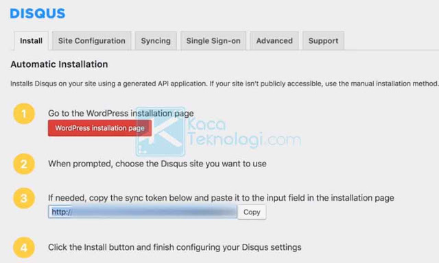 Copy token Disqus kemudian klik WordPress Installation Page.