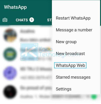 Klik garis tiga / titik tiga yang terdapat di bagian pojok kanan atas, kemudian klik WhatsApp Web.