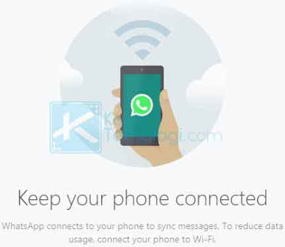 Jika Anda perhatikan pada halaman utama WhatsApp ketika berhasil login, Anda akan melihat pemberitahuannya langsung bahwa Anda diharuskan menjaga ponsel agar tetap terhubung untuk bisa menggunakannya.