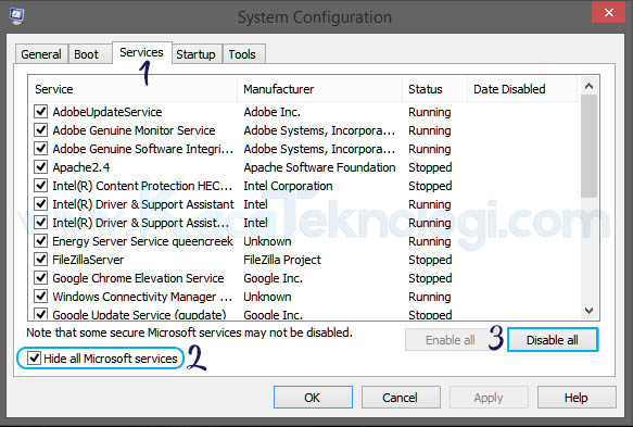 Selanjutnya, klik menu Services → Hide all Microsoft services → Disable all.