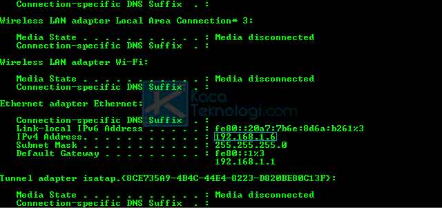 Setelah CMD terbuka, sekarang Anda ketikkan ipconfig kemudian tekan enter.