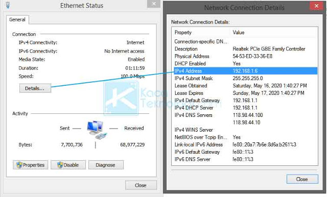 Klik details kemudian nanti akan muncul jendela baru dan Anda akan mendapatkan alamat IP di sana.