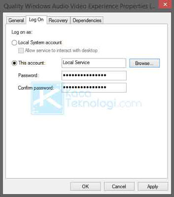 Masih di menu Quality Windows Audio Video Experience. Sekarang klik tab Log On yang berada di samping tab General. Klik tombol Browse. Anda akan melihat form Enter the object name to select, silakan ketikkan nama akun Microsoft Anda lalu klik Check Names.  Tunggu sampai muncul pop-up kemudian klik OK. Sekarang masukkan password akun Anda di password box yang ada di tab Log On