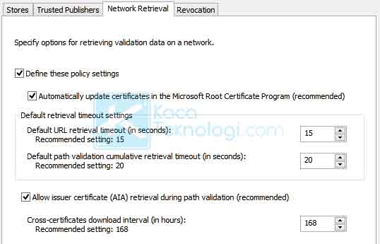 Klik dua kali pada Certificate Path Validation Settings kemudian klik tab Network Retrieval lalu ceklis kotak Define These Policy Settings beserta kotak yang tersedia lainnya.