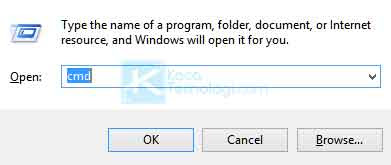 Buka Command Prompt (CMD). Anda bisa tekan Windows + R kemudian ketikkan 'cmd' pada kotak yang tersedia lalu tekan enter. Adapun cara alternatif lainnya adalah dengan membuka menu Windows lalu ketikkan 'cmd'.