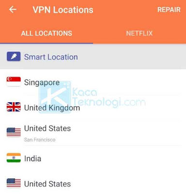 Buka VPN yang Anda gunakan. Pilih menu VPN Locations. Klik pada salah satu negara yang ingin Anda koneksikan.