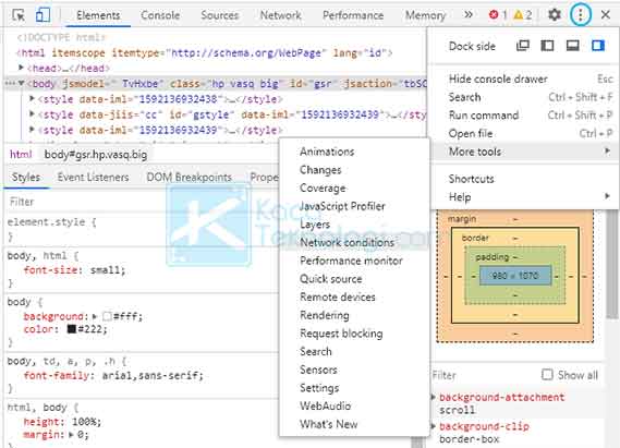  klik kembali ikon titik tiga yang berada di sebelah kanan atas → More Tools → Network Conditions.