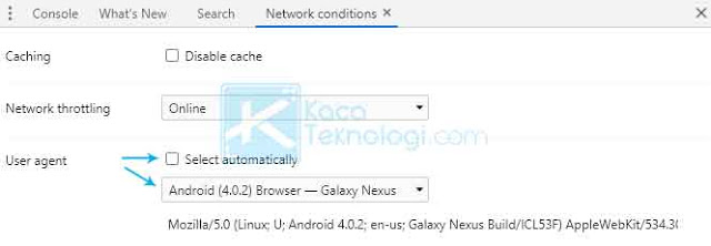 Pada menu Network Conditions, di bagian User Agent silakan uncheck kotak yang bertuliskan Select Automatically kemudian pilih User Agent secara manual.