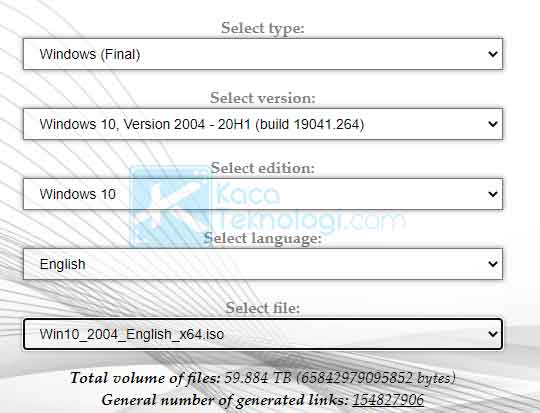 Pada situs tersebut, Anda diharuskan memilih tipe, versi, edisi, bahasa, dan bit dari ISO Windows yang akan diunduh.