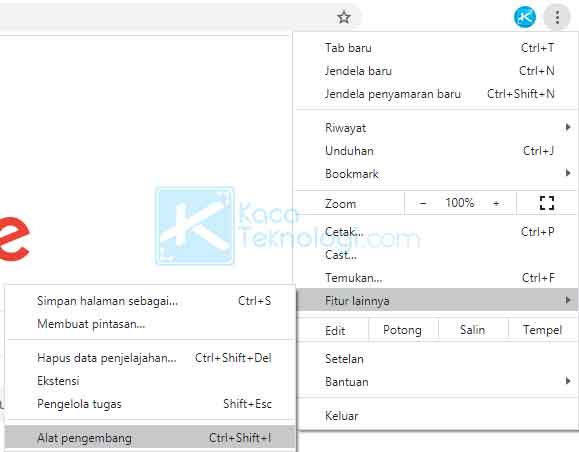  pilih menu Fitur Lainnya lalu pilih Alat Pengembang. Mudahnya Anda juga bisa tekan F12 untuk masuk ke mode pengembang. 