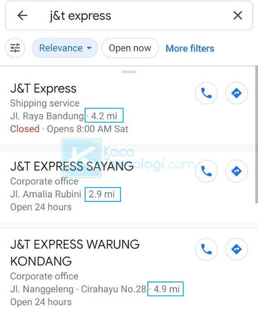 Anda akan melihat daftar kantor J&T yang berada di sekitaran Anda dan yang terdekat jaraknya akan ditampilkan teratas pada daftar. Lihat juga pada angka yang terdapat di samping lokasi untuk lebih jelasnya.