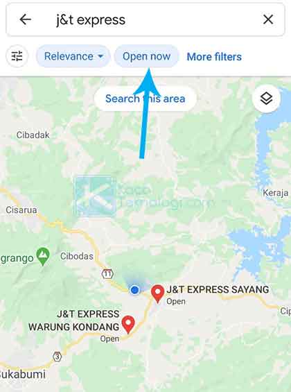 Jika Anda ingin menemukan kantor J&T terdekat 24 jam, klik opsi Open Now pada bagian atas map. Cara ini juga cocok Anda lakukan apabila ingin mengetahui kantor J&T yang buka pada hari minggu.