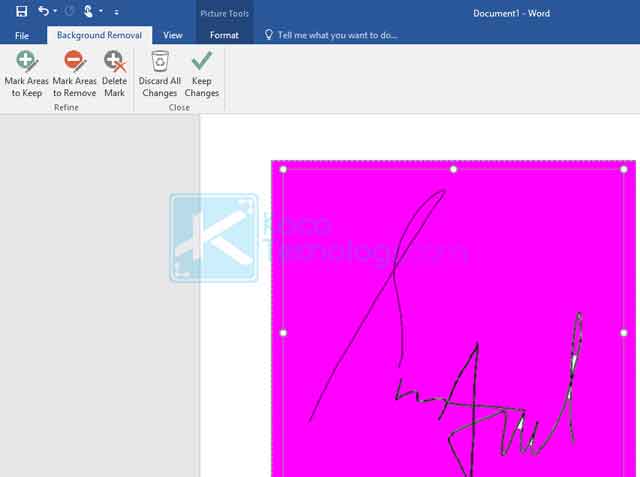 Microsoft Word akan mendeteksi area yang akan dihapus yang ditandai oleh warna pink / magenta. Gunakan tool "Mark Areas to Keep" untuk menentukan area mana saja yang tidak ingin dihapus seperti garis tanda tangan dan gunakan tool "Mark Areas to Remove" untuk menghapus background yang tidak diperlukan. Jika sudah, silakan klik Keep Changes.