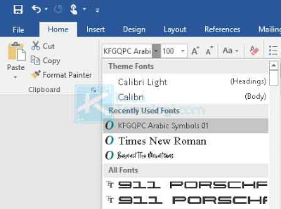 Ubah jenis font pada aplikasi yang digunakan menjadi KFGQPC Arabic Symbols 01. Mudahnya Anda dapat langsung mengetikkan nama font pada menu.