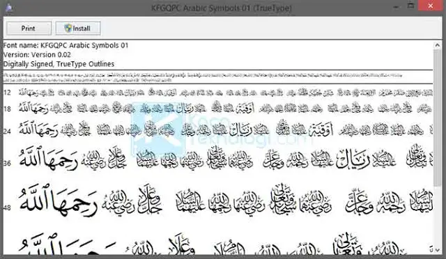 Unduh dan pasang font Arabic Symbols (link download dapat diakses di akhir artikel) dengan cara klik dua kali pada font → pilih Install.