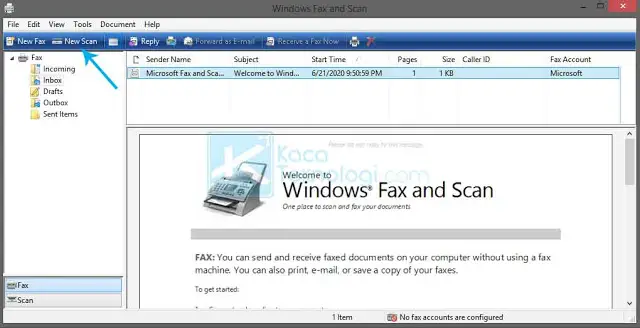 Pada aplikasi Windows Fax and Scan, pilih scanner yang terdeteksi lalu klik New Scan.