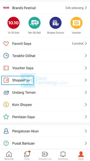 Silakan Anda buka aplikasi Shopee kemudian klik menu Saya yang terdapat di pojok kanan bawah lalu pilih ShopeePay.