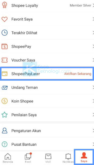 Setelah aplikasi Shopee berhasil Anda buka, selanjutnya Anda perlu masuk ke menu Saya lalu pilih menu ShopeePayLater yang terdapat diantara menu lainnya. 