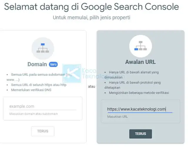 Setelah membuat akun, barulah Anda bisa memulai mendaftarkan situs ke Google Search Console. Anda perlu mengetikkan nama website yang sesuai.