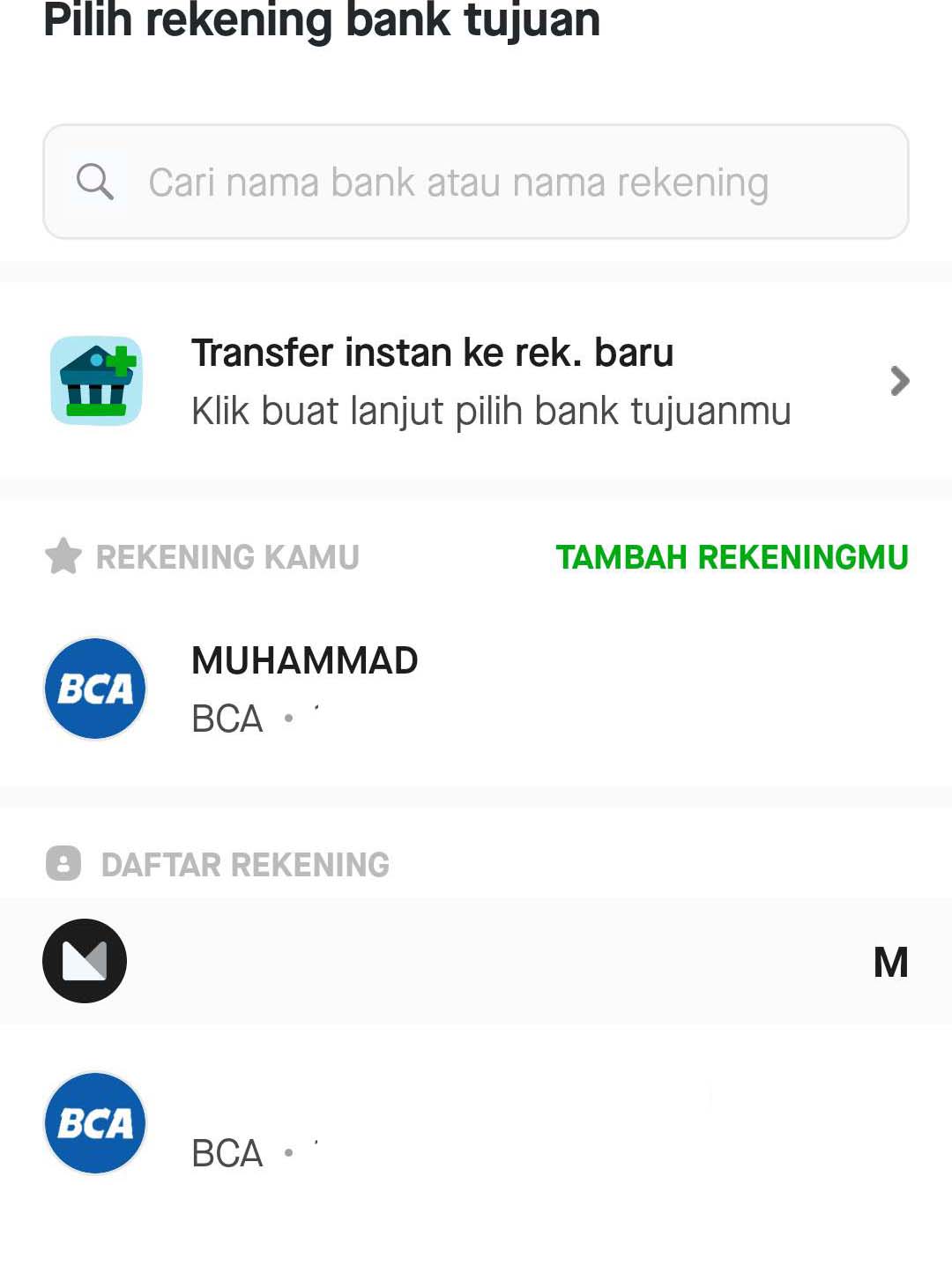 Pilih norek yang terdaftar